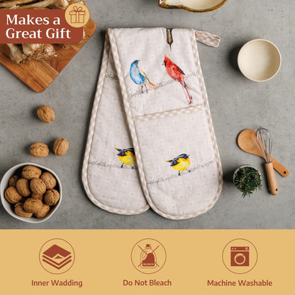 Maison d' Hermine Double Oven Mitts 100% Cotton 7"x35" Double Oven Mitt Heat Resistant BBQ Cooking Gloves with Loop Baking Grilling Kitchen Hotel Home Farmhouse Spring Summer (Birdies on Wire)