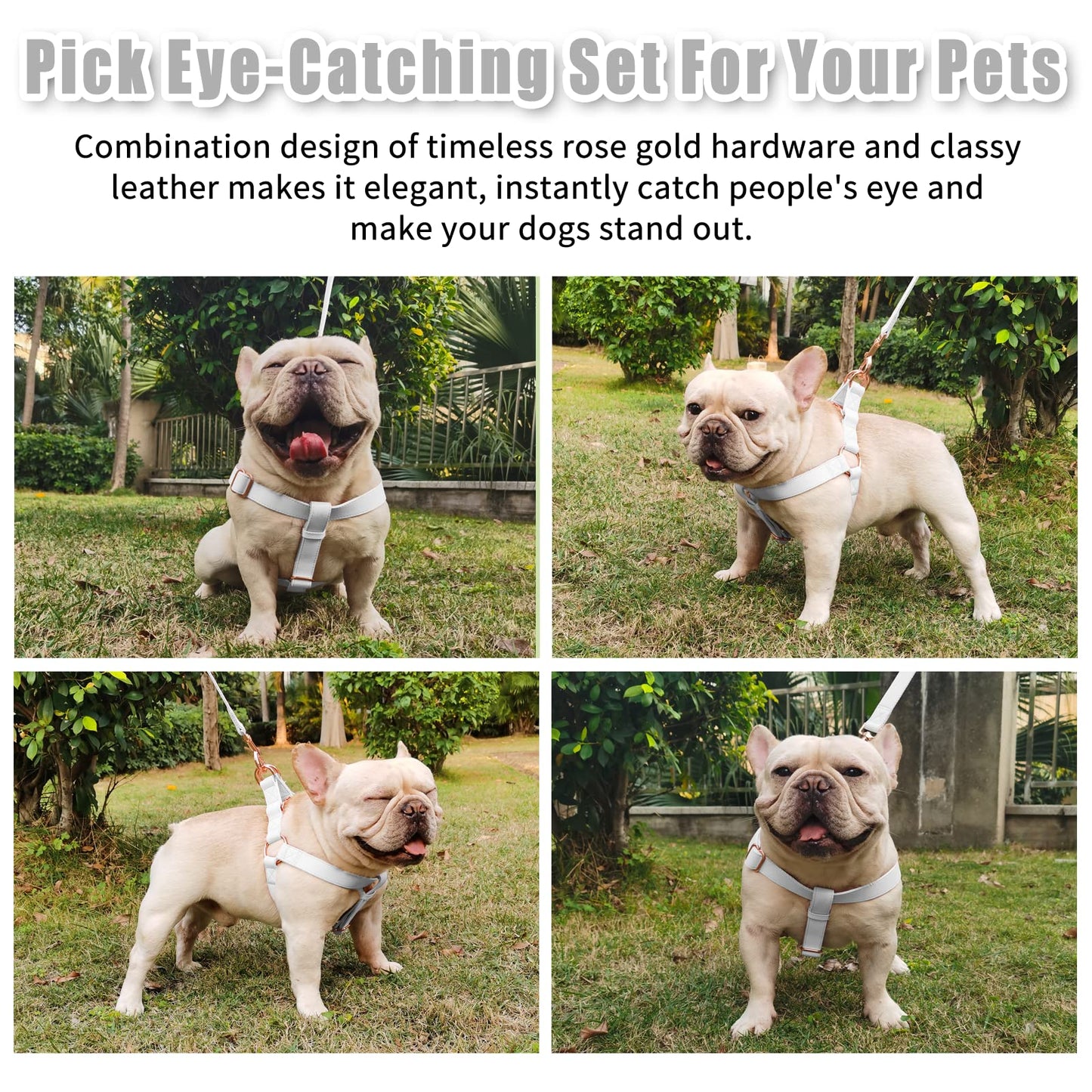 Soft Leather No Pull Dog Harness - Adjustable Step in Dog Harness with Rose Gold Heavy Duty Metal Buckle, Freedom Nylon Dog Halter Vests for Small Medium Large Dogs Easy Walking Training (White,L)