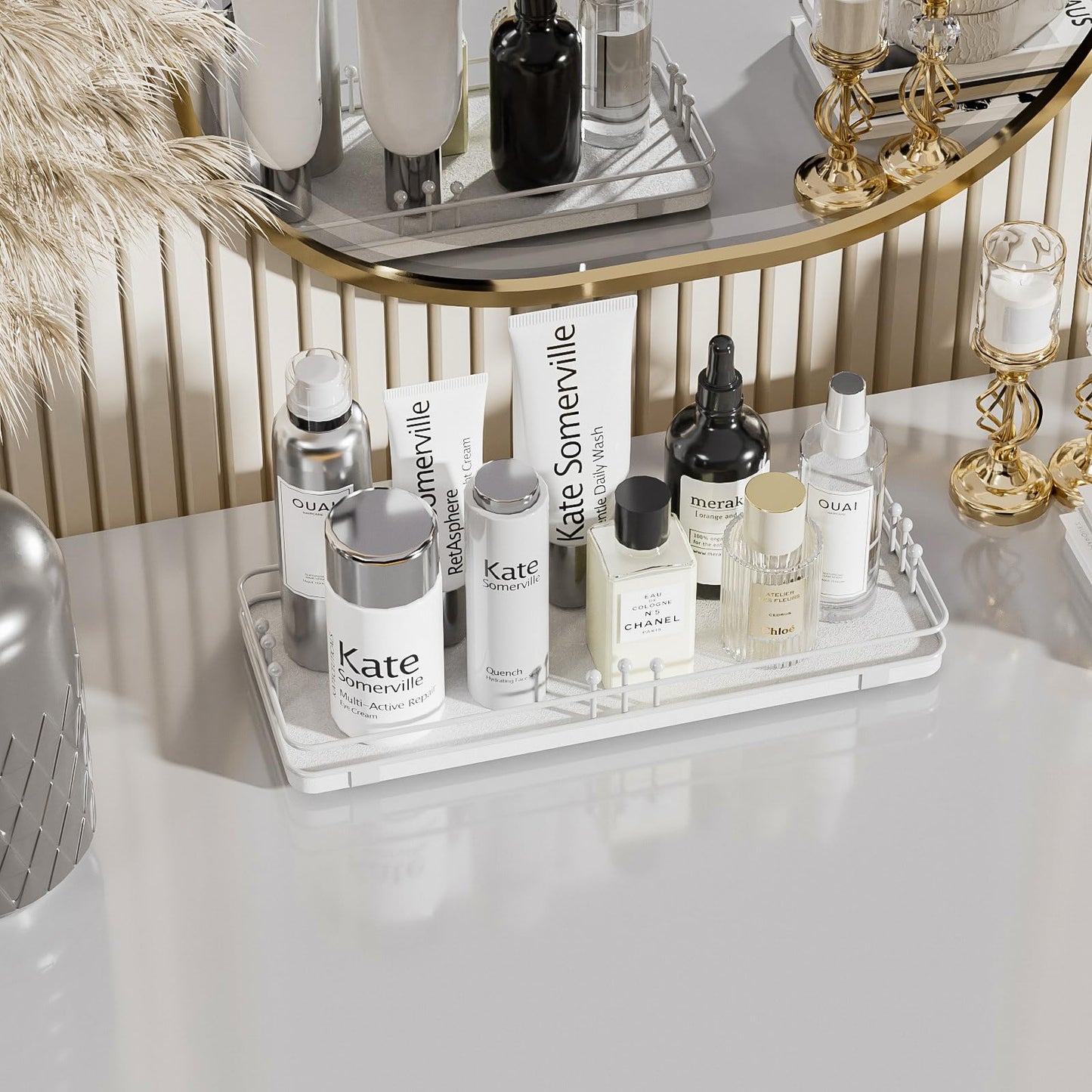 Pursura Bathroom Vanity Tray for Countertop Toiletries Perfume Makeup Soap Dispenser Toilet Tank, Kitchen Tray for Salt Spice, Decor Tray for Candle Nightstand Coffee 11.3”x 4.4” White
