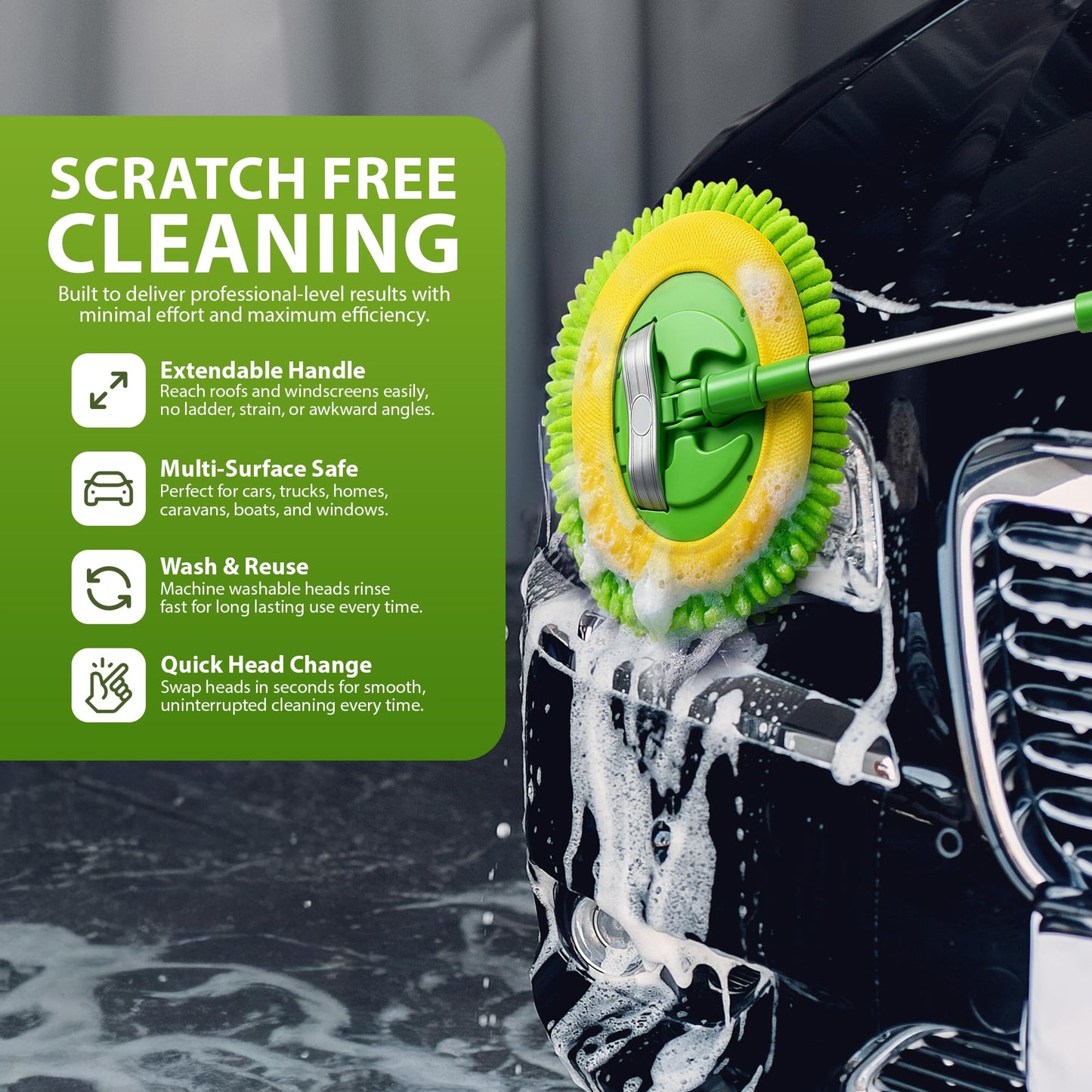 ZENO Car Cleaning Brush | Car Wash Brush | Microfibre Mop with Mittens | Car Washing Brush | Car Wash Kit for Cleaning Van Truck Caravan | Scratch Free 2 x Mop Heads | 1 x Extendable Pole 53-104cm