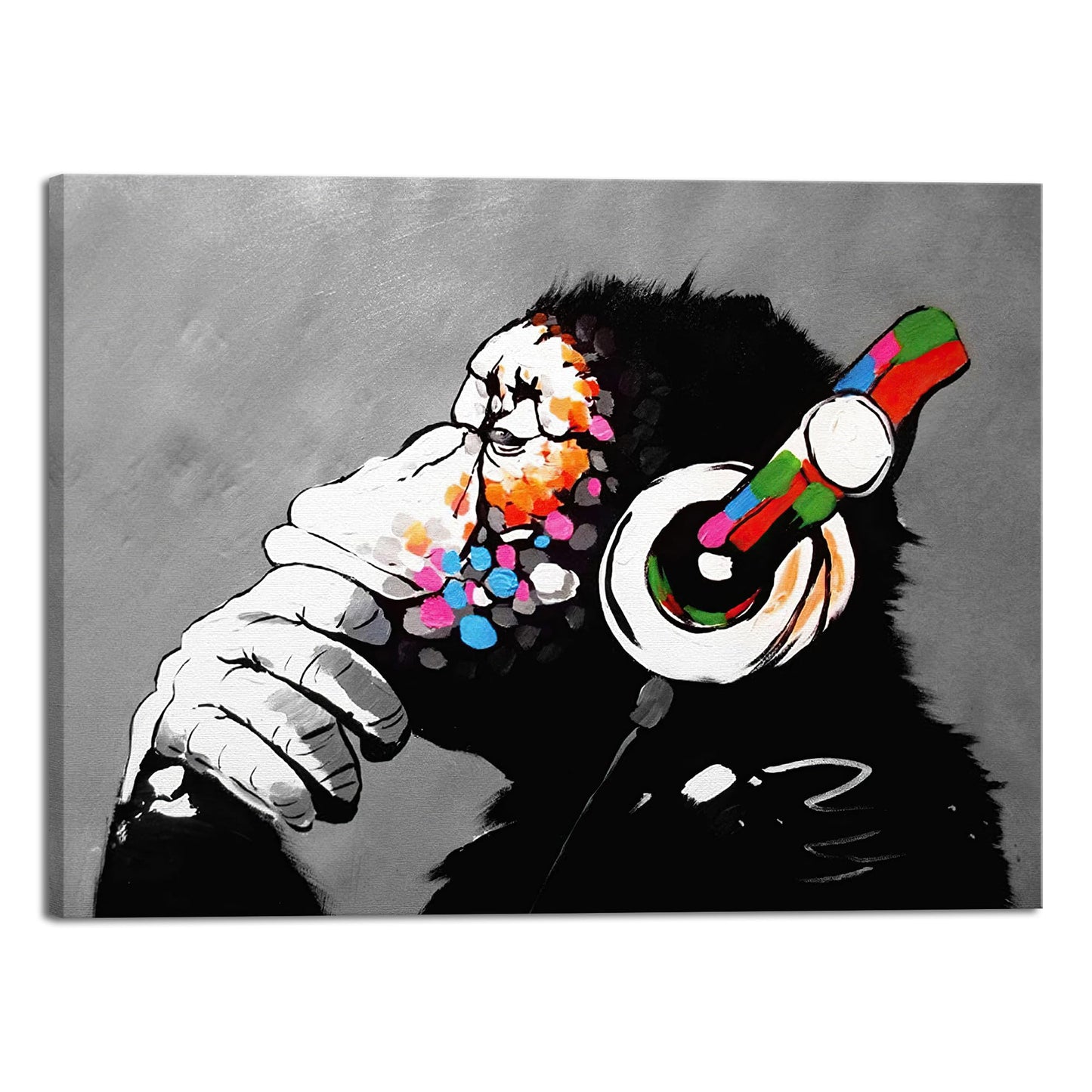Wieco Art Black Framed Monkey With Headphones Banksy Graffiti Art Abstract Canvas Paintings Prints Animal Canvas Wall Art for Wall Decor and Home decorations Office Decor