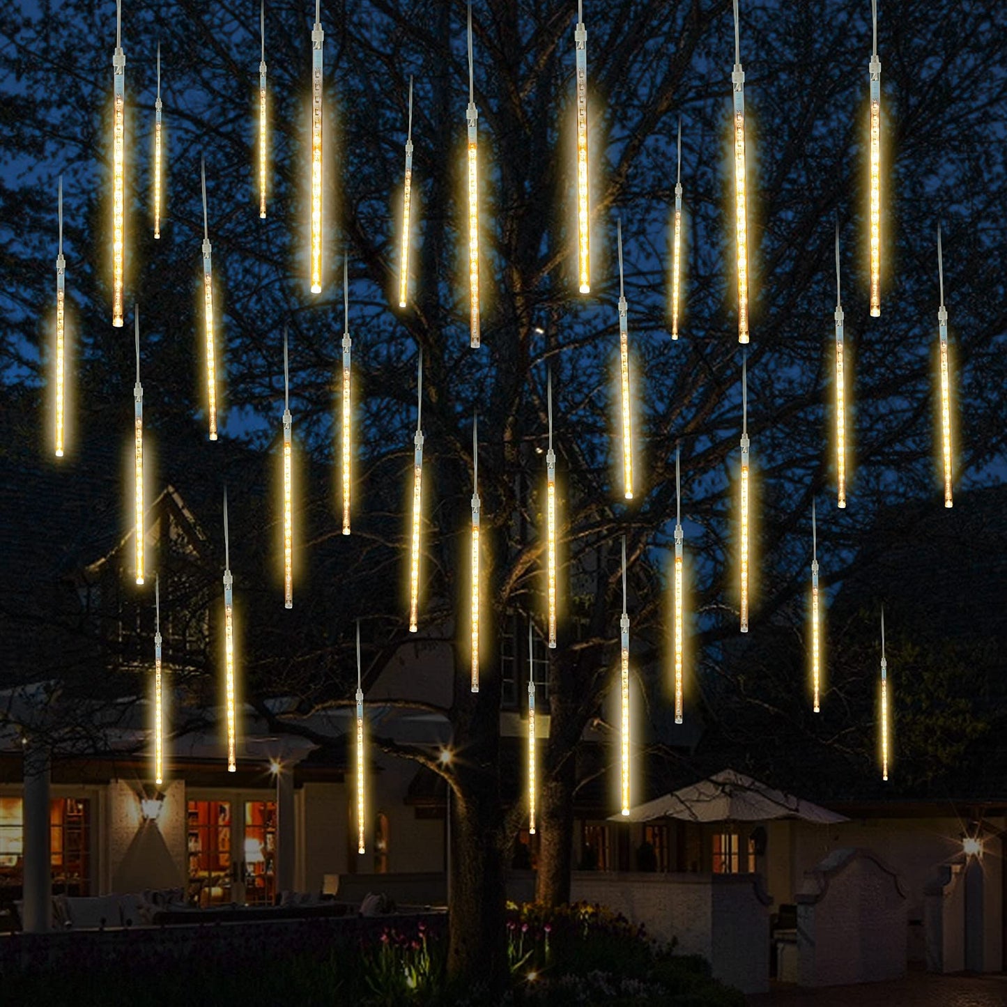 Meteor Shower Lights Outdoor, 16 Inches 10 Tubes 360 LED Snowfall Lights, Waterproof Meteor Christmas Light, Hanging Falling Rain Light for Tree Bushes Holiday Party Christmas Decor, Warm White
