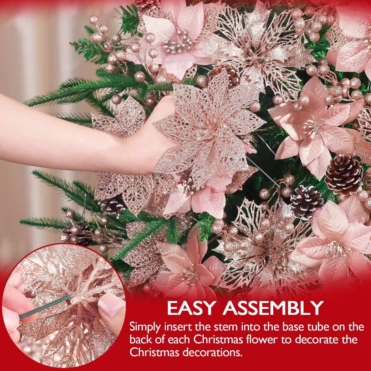 56 Pcs Christmas Decorations, 4 Styles Poinsettias Artificial Christmas Flowers Glitter Berries Stems Ornaments Tree with Pine Cones & Stems for Xmas Wedding DIY Wreath Floral Party (Rose Gold)