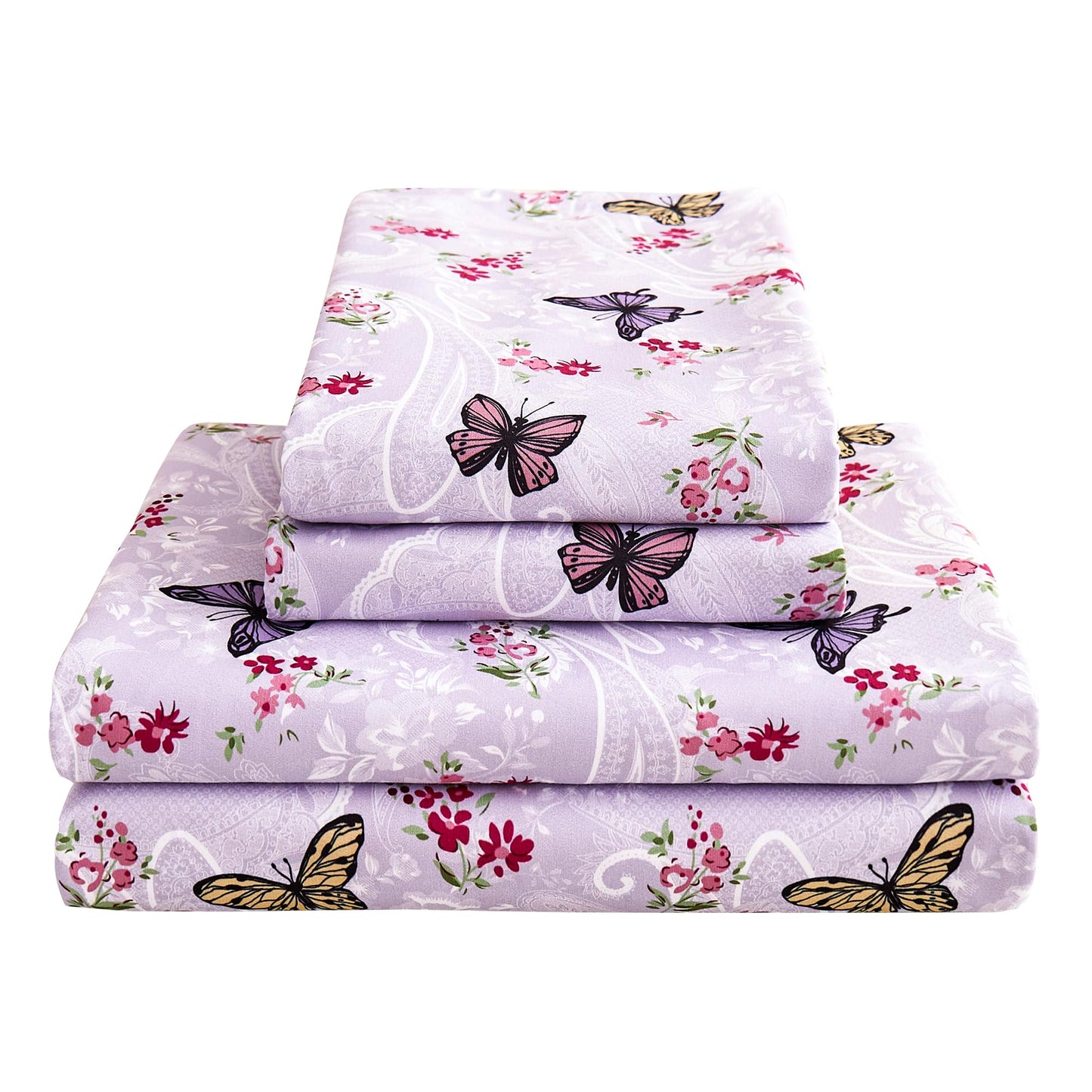 Softan Floral Twin Size Sheet Set, Purple Paisley Flower Printed Sheets for Kids Girls, Brushed Microfiber Fitted Sheet with 15" Deep Pocket & Non-Slip Straps, Butterfly Patterned Sheets