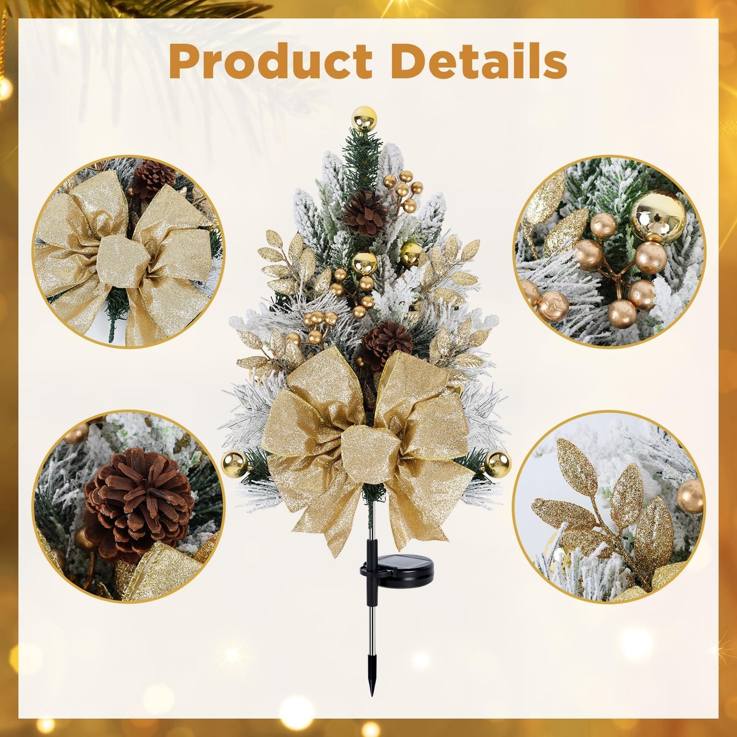 2 Pack Gold Outdoor Pathway Christmas Tree Urn Filler Solar Waterproof Cemetery Xmas Tree Faux Pine Cones Gold Christmas Ball Berry Pathway Light Ornament Stakes for Yard Garden Lawn Walkway Cemetery