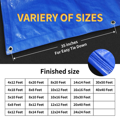 TARPAL 30x50 feet Blue tarp, 8mil Medium Duty tarps Waterproof, Tear Resistant with Metal Grommets, Suitable for Outdoor Tent Emergency rain Cover,Floor tarp,and Other uses.