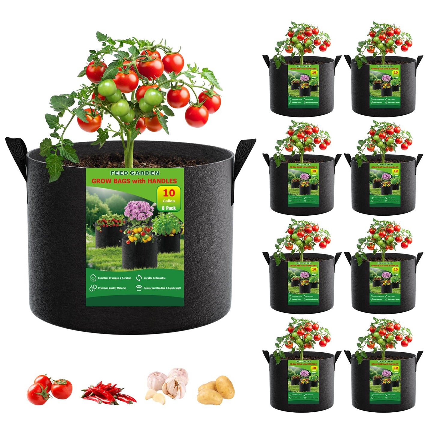 FEED GARDEN 10 Gallon Grow Bags 8 Pack – 300G Thickened Fabric Plant Pots with Reinforced Handles, Breathable Drainage Planters for Vegetables, Tomatoes, Herbs, Indoor & Outdoor Gardening