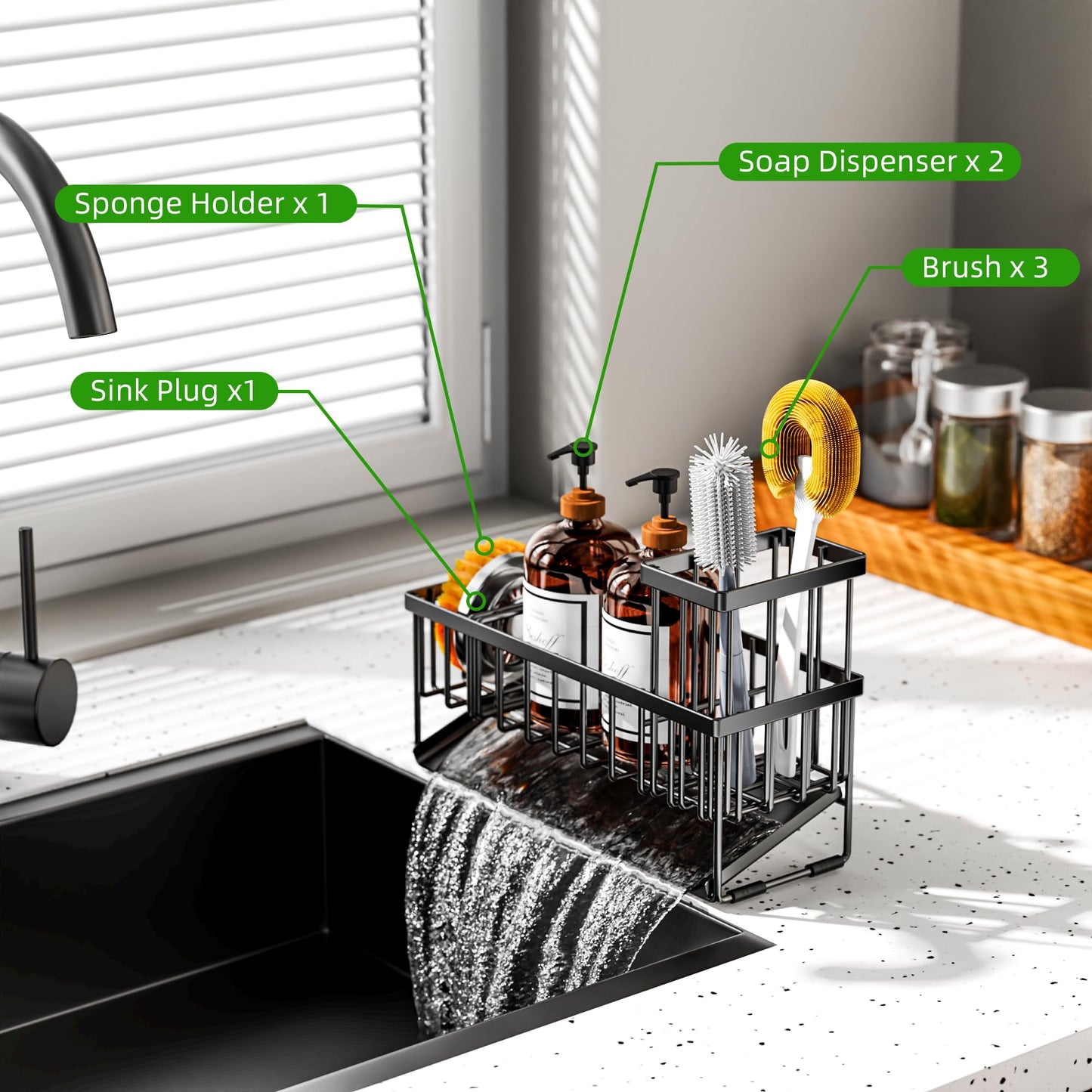 Cisily Kitchen Sink Caddy Organzier with High Brush Holder, Sponge Holder for Sink, 304 Rustproof Stainless, Kitchen Countertop Soap Dispenser Organizer, Kitchen Decor and Accessories