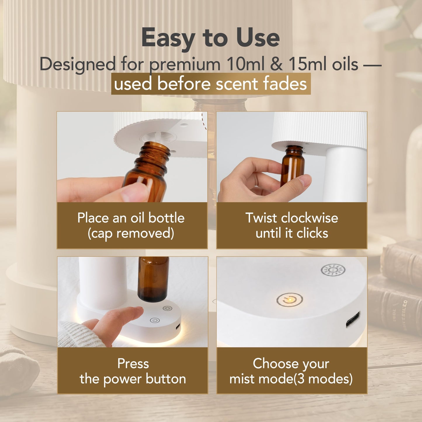 ROMONTI Waterless Essential Oil Diffuser Cordless Nebulizing Aroma Diffuser Whisper-Quiet 38dB USB-C Rechargeable Sculptural Korean Design Fits 10ml & 15ml Bottles Compact for Bedroom Office Spa