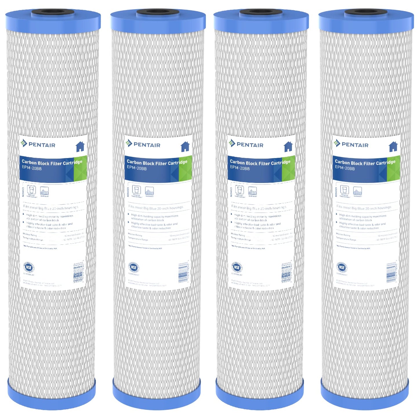 Pentair Pentek EPM-20BB Big Blue Carbon Block Water Filter, 20" x 4.5", 10 Micron, Bonded PAC, Chlorine Taste & Odor Reduction, 30,000 Gallon Capacity, Pack of 4