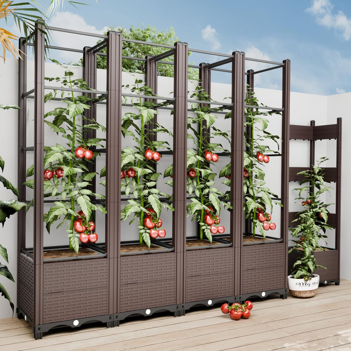 Raised Garden Bed with Trellis for Tomatoes, 10.5 Gal Planter Box Outdoor, 69.69" Tall Flower Planter with Tomato Cage, 15.7" Elevated Garden Bed for Vegetables, Climbing Plants & Flowers (Brown)