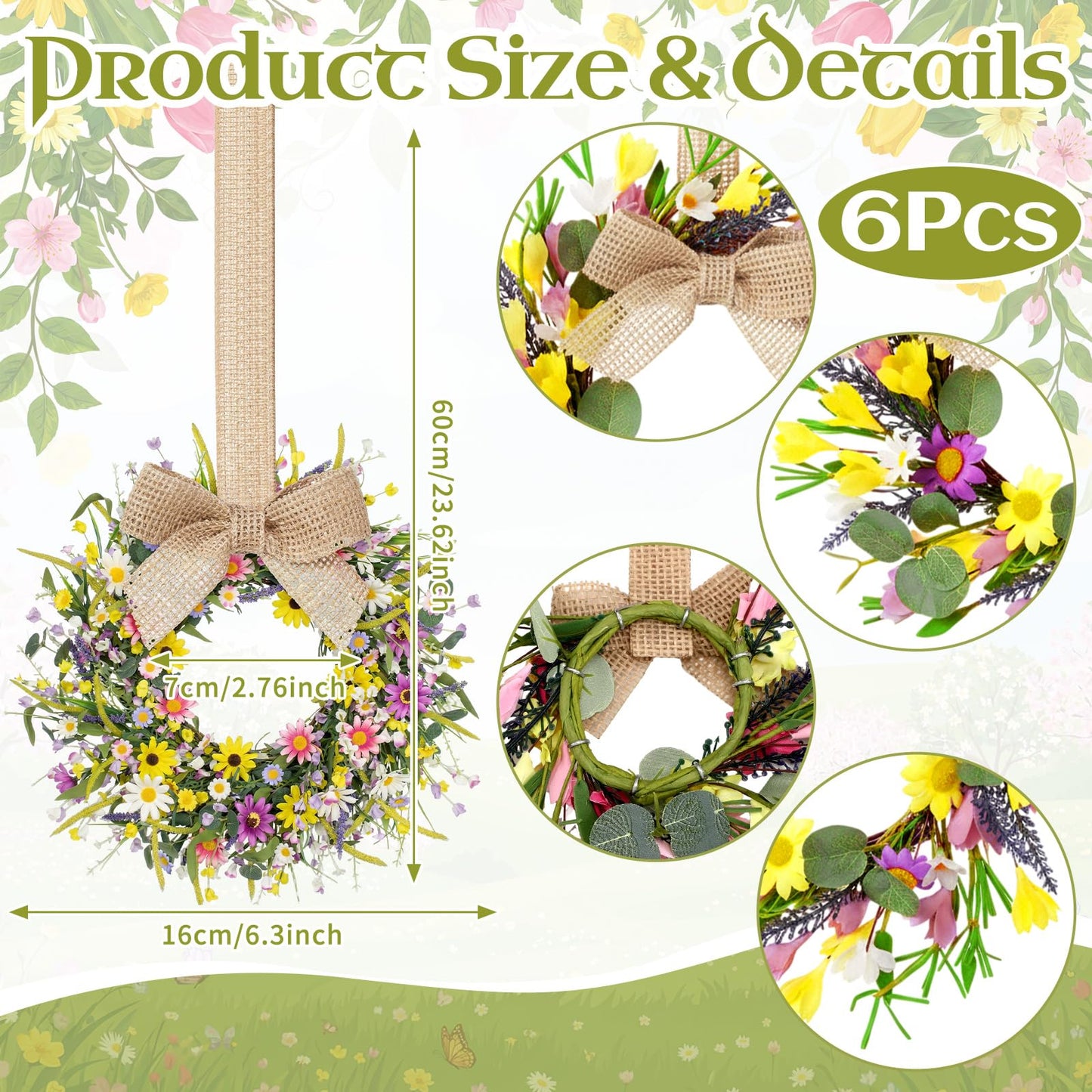 Dingion 6 Pcs 6" Mini Spring Cabinet Wreaths Spring and Summer Wildflower Candle Rings Wreaths for Kitchen with Ribbon Small Floral Wreath for Window Door Farmhouse Wedding Decorations