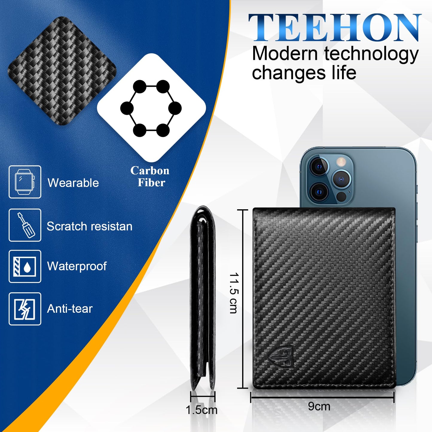 TEEHON Mens RFID Blocking Carbon Fibre Leather Wallet - Bi-Fold Card Wallet with 10 Card Slots, 2 ID Windows, 2 Cash Compartments - Black