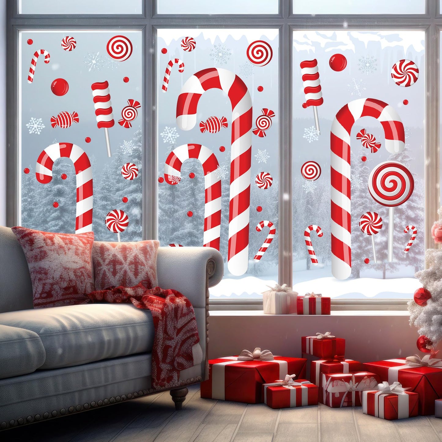 Solsew 3 Sheet 35.4 x 11.4 Inch Extra Large Christmas Candy Cane Window Clings with Snowflake and Ice Stereo Candy Snowflakes Christmas Window Stickers for Xmas Home Office Decor Winter Decoration