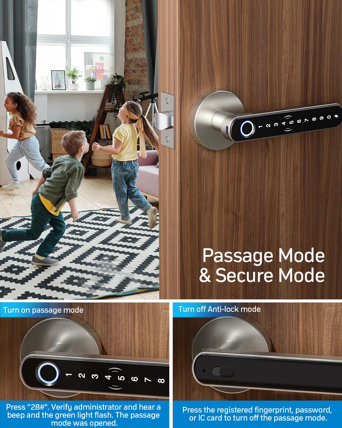TMEZON Smart Door Lock Fingerprint, Keyless Entry Door Lock with Handle, APP/IC Cards/Codes/Keys/Fingerprints Biometric Electronic Keyless Entry Lock for Bedroom Home Hotel Office