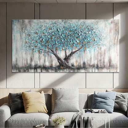 Arjun Tree Wall Art Teal Blue Nature Tree of Life Abstract Canvas Painting Textured Picture, Modern Large Panoramic Landscape Artwork Framed for Living Room Bedroom Bathroom Office Home Decor 40"x20"