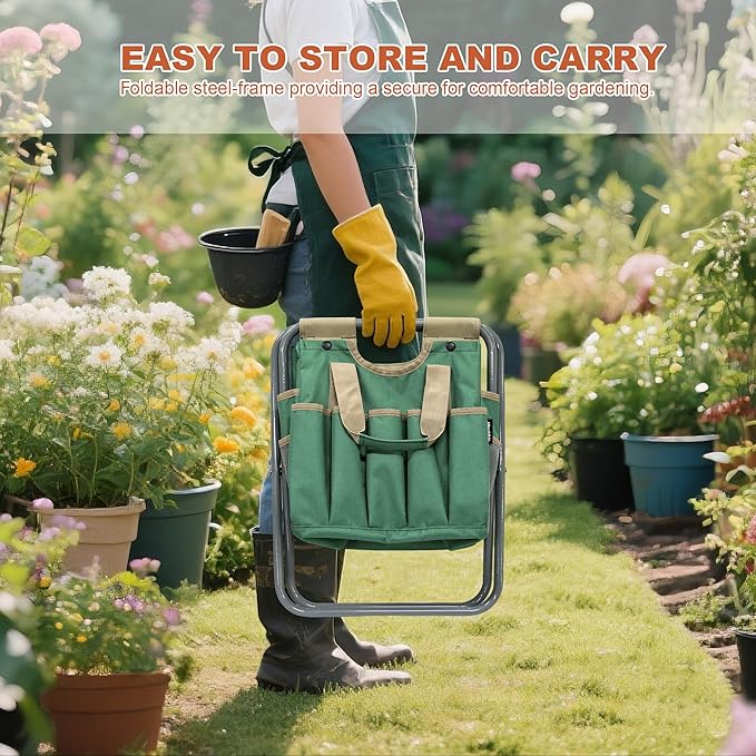 MDSTOP Folding Gardening Stool with Detachable Storage Tote Bag, Gardening Tools Set Organizer for Fishing Outdoor Sports Hiking Camping Garden, Gardening Gifts for Mom/Dad and Gardeners (Polyester)