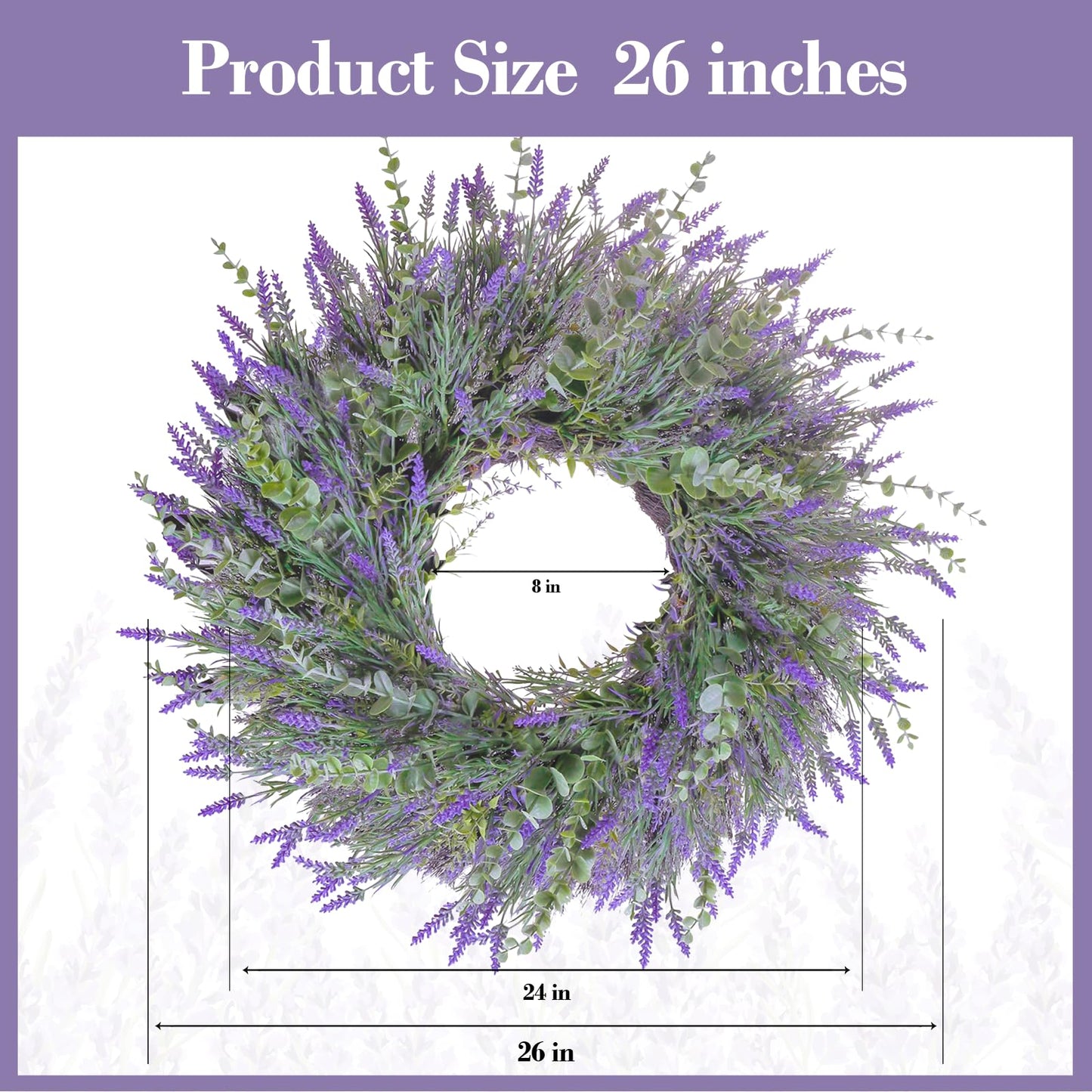 26'' Lavender & Eucalyptus Wreath for Front Door, Window - Artificial Eucalyptus Leaves Greenery Outdoor Wreath for Wedding Farmhouse Porch Wall Room Home Decor (Purple)