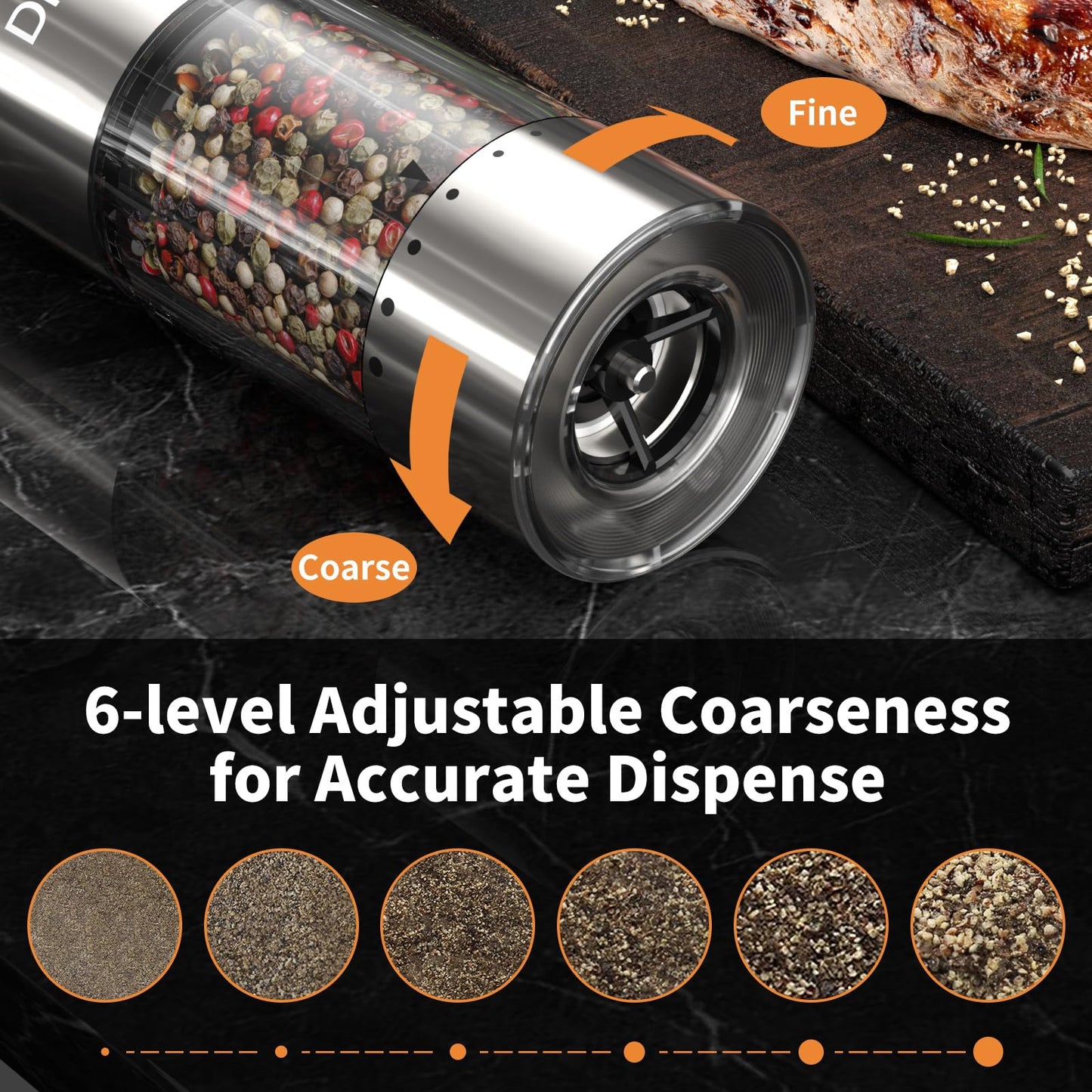Electric Salt and Pepper Grinder Set,USB Rechargeable Pepper Mill with 6 Coarseness Settings, Automatic One-Touch Operation, Large Capacity Stainless Steel Spice Mills for Kitchen (2 Pack, Silver)