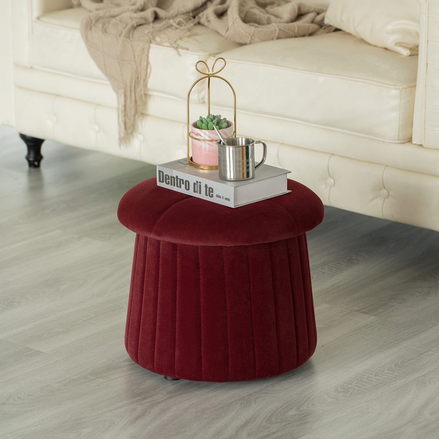 Fabulaxe Modern Tufted Velvet Mushroom Shape Storage Ottoman Storage Stool Trunk, Red