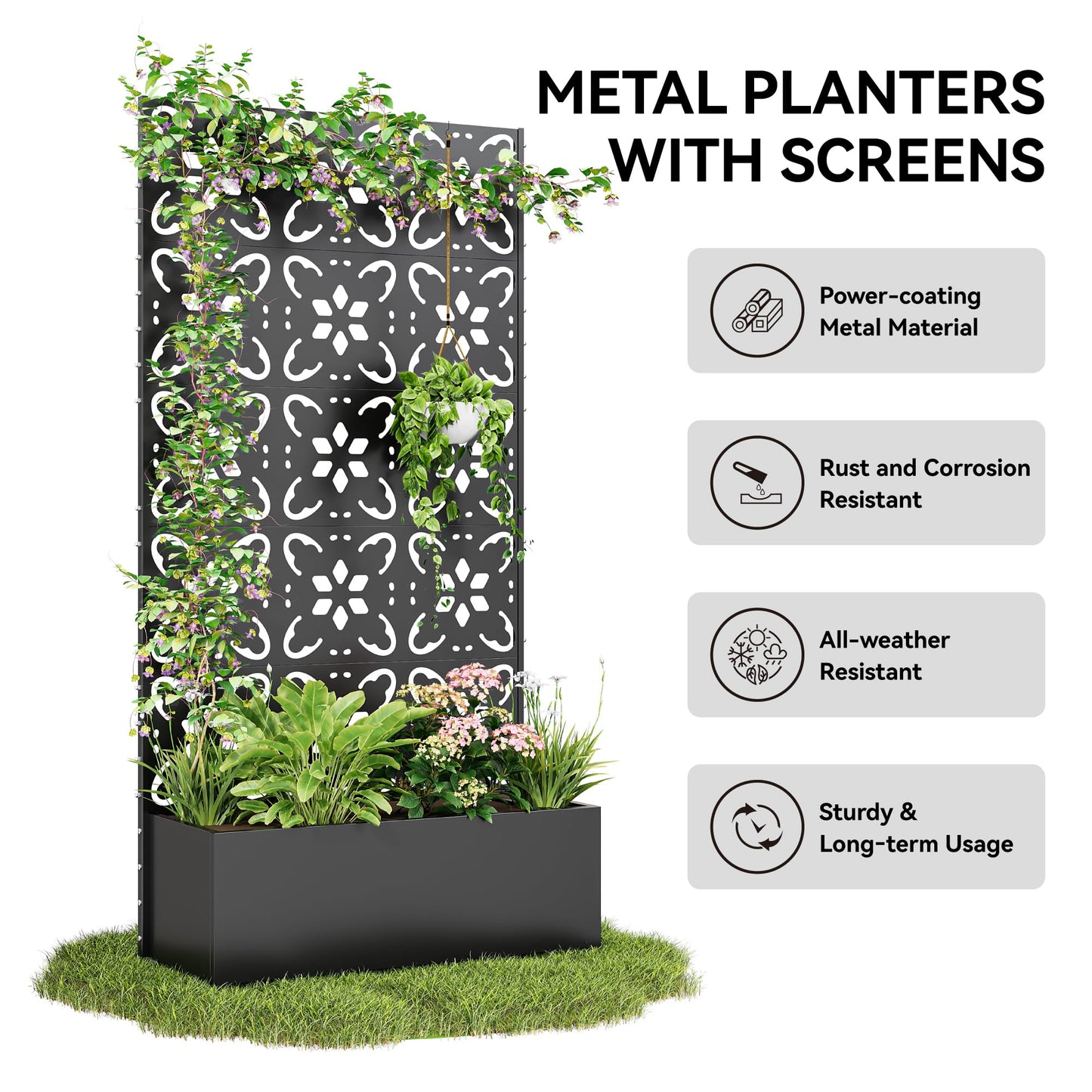 Bevivog Outdoor Privacy Screen with Planter Box, 71"x36" Freestanding Metal Privacy Planters for Patio Garden Metal Planter Box with Trellis, Outside Privacy Fence with Planter for Climbing Plants