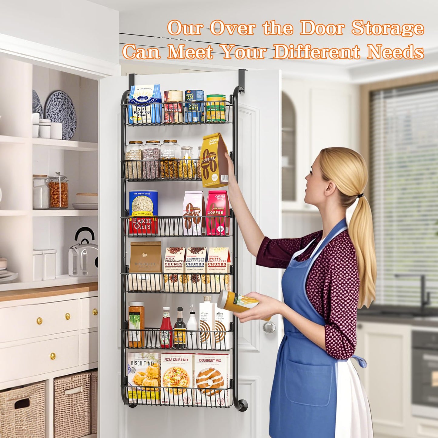 MIAOLI Over The Door Pantry Organizers and Storage, 6-Tier Spice Rack, Home & Kitchen Storage Shelves for Cabinet, Large Capacity Hanging Seasoning Organizer, Laundry Room Organization, Black