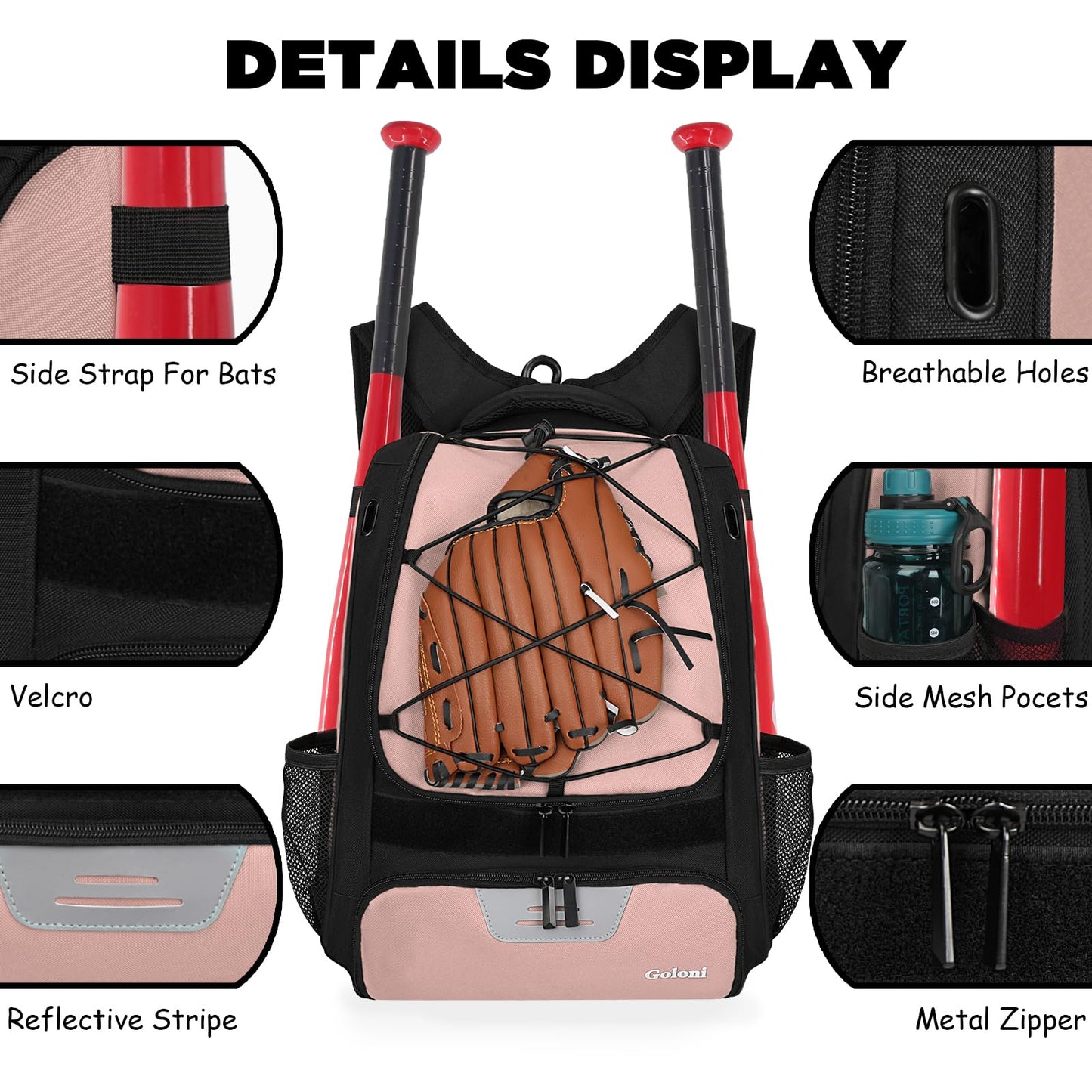 Goloni Baseball Bag,Backpack for Baseball, T-Ball & Softball Equipment & Gear,Softball Bag with Shoe Compartment,Fence Hook