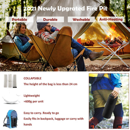 Portable Fire Pit for Camping, Outdoor Folding Firepit Fireplace with Heat Resistant Gloves & Carrying Bag, Stainless Steel Mesh BBQ Fire Bowl for Picnics, Bonfire, Patio, Backyard and Garden