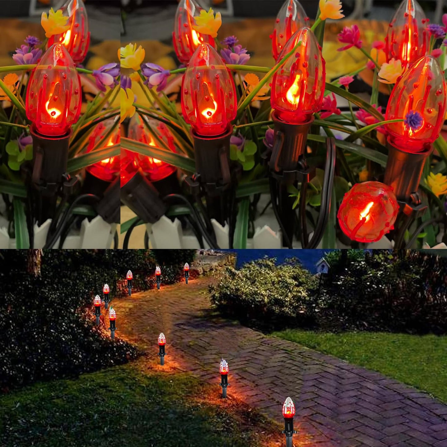 GOOTHY 38Ft Outdoor Halloween Decorations Pathway Lights, C9 Flickering Flame Pathway String Lights with 25 Stakes Lights, Plug in Halloween Walkway Light Waterproof for Lawn Yard Sidewalk Garden