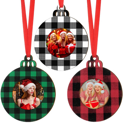 Jetec 12 Pcs Christmas Photo Ornaments Picture Frame Ornaments for Christmas Tree Wooden Ball Plaid Hanging Decorations for Xmas Party Home Decor(Red and Black, Black and White, Green)