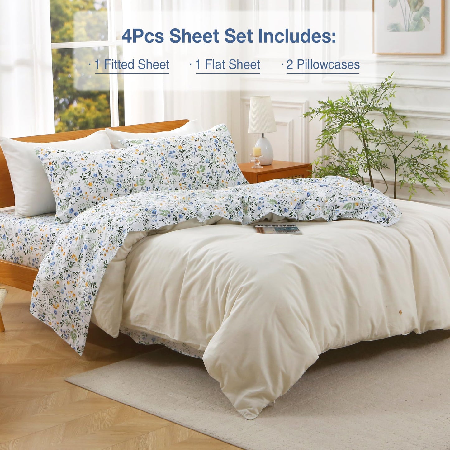Viviland Full Bed Sheet Set - 4 Piece Double Brushed Microfiber Bedding - Deep Pocket Up to 15", Ultra Soft, Breathable & Wrinkle Resistant Skin-Friendly Cooling Sheets for Adult - Sunlit Field(F)