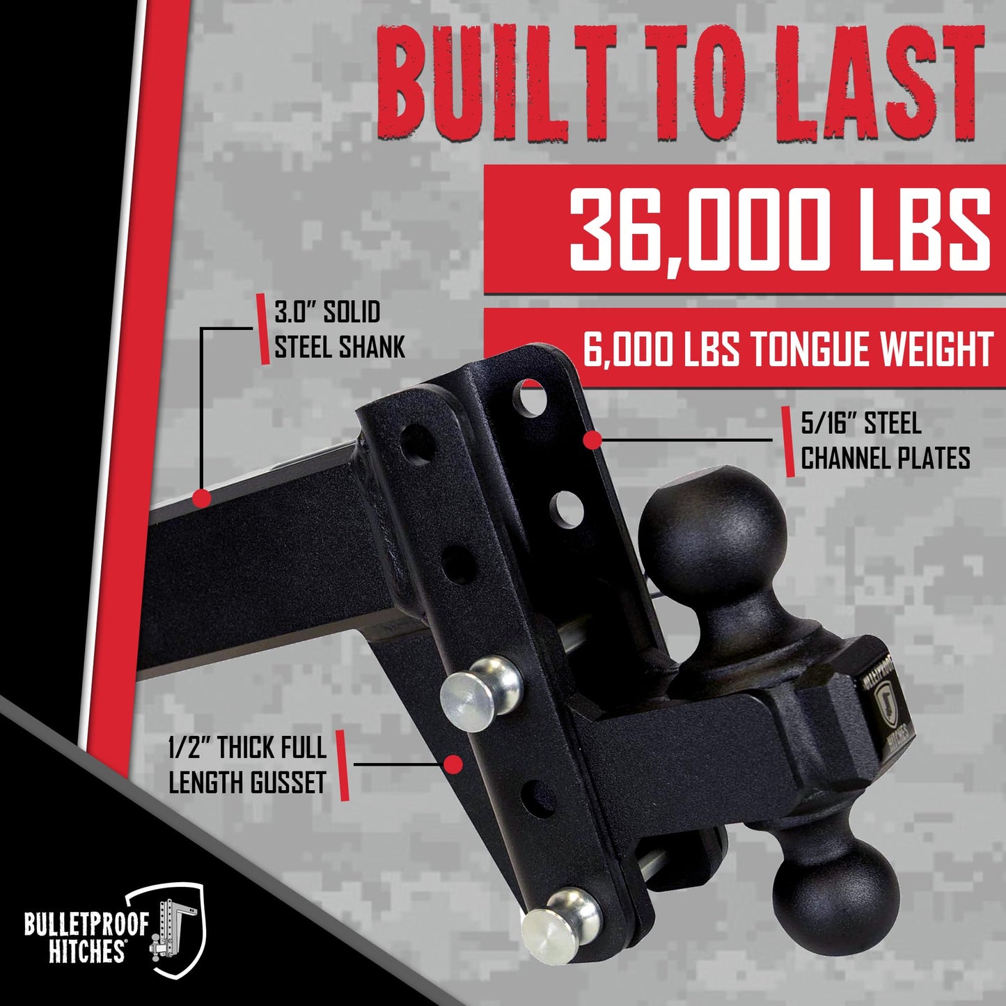 BulletProof Hitches - 3.0" Adjustable Extreme Duty Trailer Hitch (36,000 lb. Rating) - 4" Drop/Rise with 2" and 2 5/16" Dual Ball - Powder Coat, Solid Steel, Corrosion-Resistant