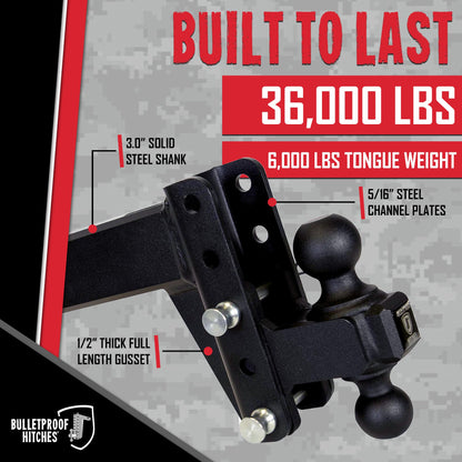 BulletProof Hitches - 3.0" Adjustable Extreme Duty Trailer Hitch (36,000 lb. Rating) - 4" Drop/Rise with 2" and 2 5/16" Dual Ball - Powder Coat, Solid Steel, Corrosion-Resistant