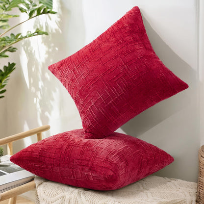 decorUhome Christmas Red Chenille Throw Pillow Covers 18x18 Set of 2 Thick Textured Slubby Couch Pillow Covers Farmhouse Accent Modern Neutral Decorative Pillow Cases for Bed Sofa Living Room