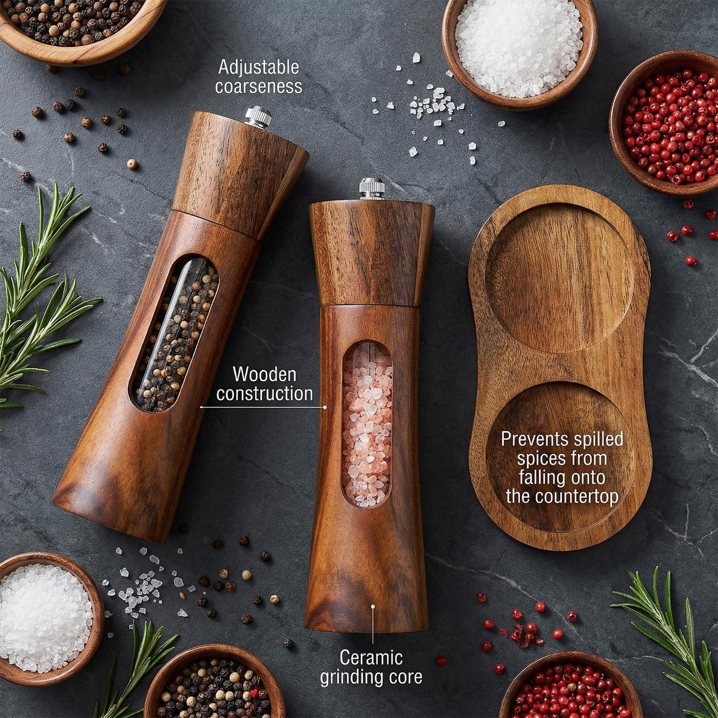 Wood Salt and Pepper Grinder Set, 8 inch Manual Refillable Wooden Salt and Pepper Shakers Mill with Brush, Tray and Spoon, Adjustable Coarseness, Solid Wood with Ceramic Stainless Steel Core