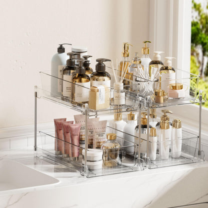 Vtopmart 4 Pack Bathroom Organizer, 2 Tier Clear Under Sink Organizers Vanity Countertop Storage Container,Cabinet Drawers Bins, Pull-Out Organization with Track for Pantry, Kitchen