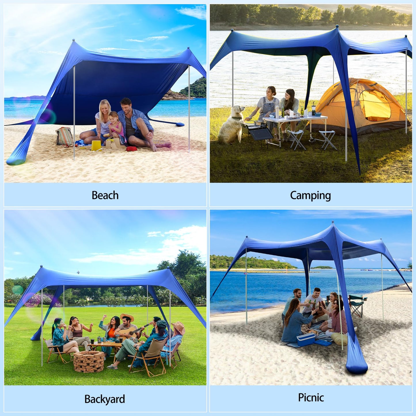 Sportneer Beach Tent, 10x10FT Beach Canopy Sun Shelter UPF50+ with Sandbags, Sand Shovels, Ground Pegs & Stability Poles, Outdoor Beach Shade Canopy for Beach Camping Fishing