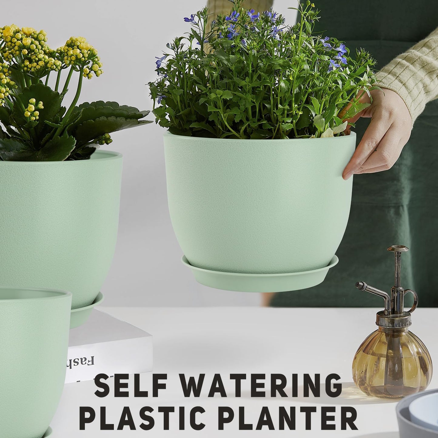 YNNICO Plant Pots 10/9/8/7.5/7 inch Flower Pots with Multi Mesh Drainage Holes, Planters for Indoor Outdoor Garden Plants and Flowers. (Green)