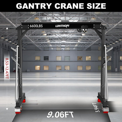 LDHTHOPI 3 Ton Gantry Crane, 6600LBS Adjustable Gantry Crane with 8.53-12.47ft Height, Shop Lift Hoist with Manual Trolley, Hook & Shackles for Warehouse, Factory,Auto Repair & Construction,Black