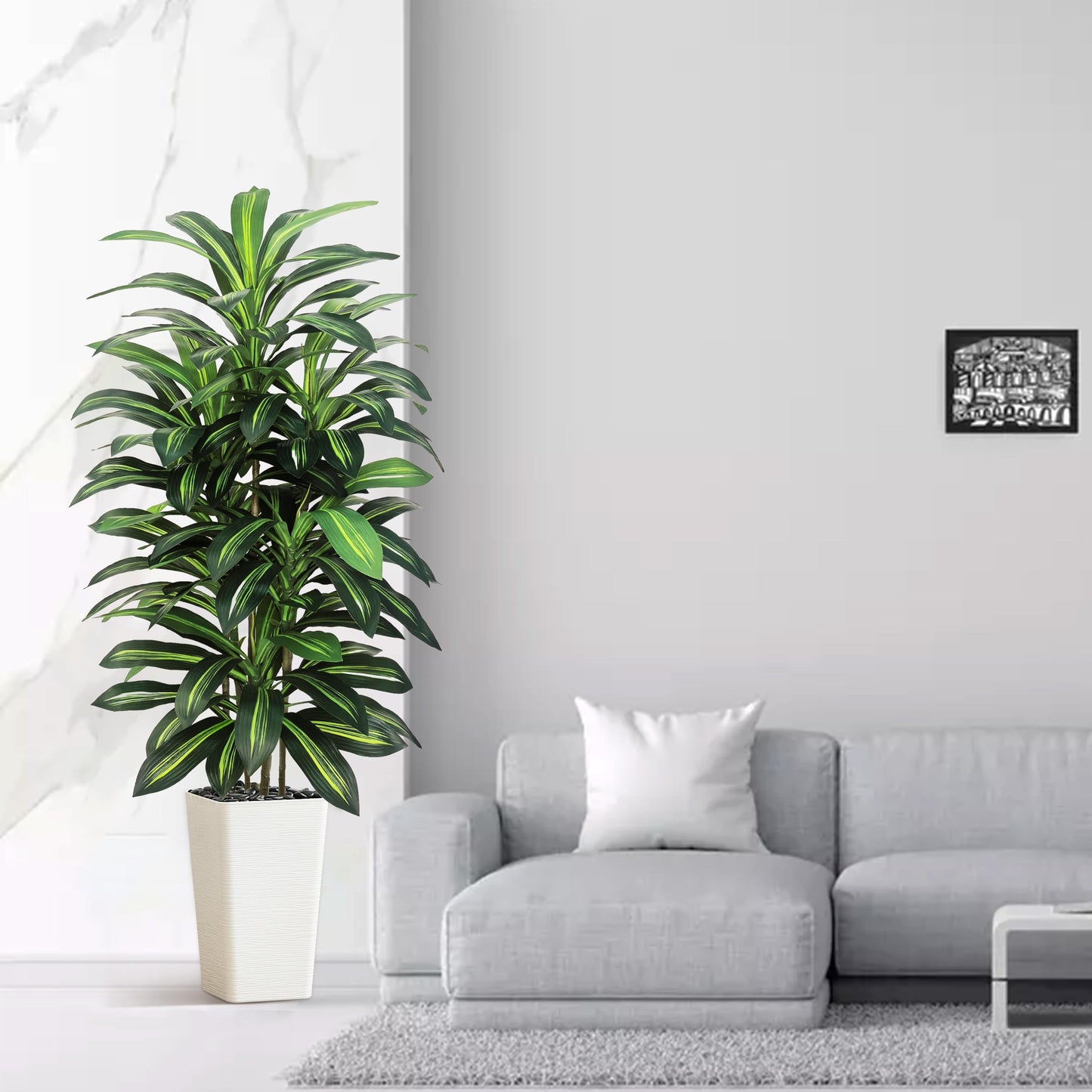 Artifical Dracaena Tree Indoor, 5FT Tall Fake Floor Plants with White Planter, Fuax Silk Yucca Tree for Home Office Living Room Bedroom Farmhouse Modern Outdoor Topiary Tree