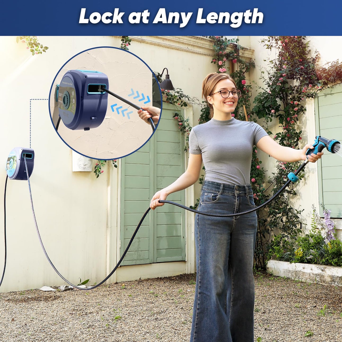 Tuzoc Retractable Garden Hose, Heavy Duty Wall-Mounted Hose Reel with 180° Swivel Bracket, Automatic Slow Return System with 10 Function Nozzle, Any Length Lock for outside Watering,Cleaning（50ft）