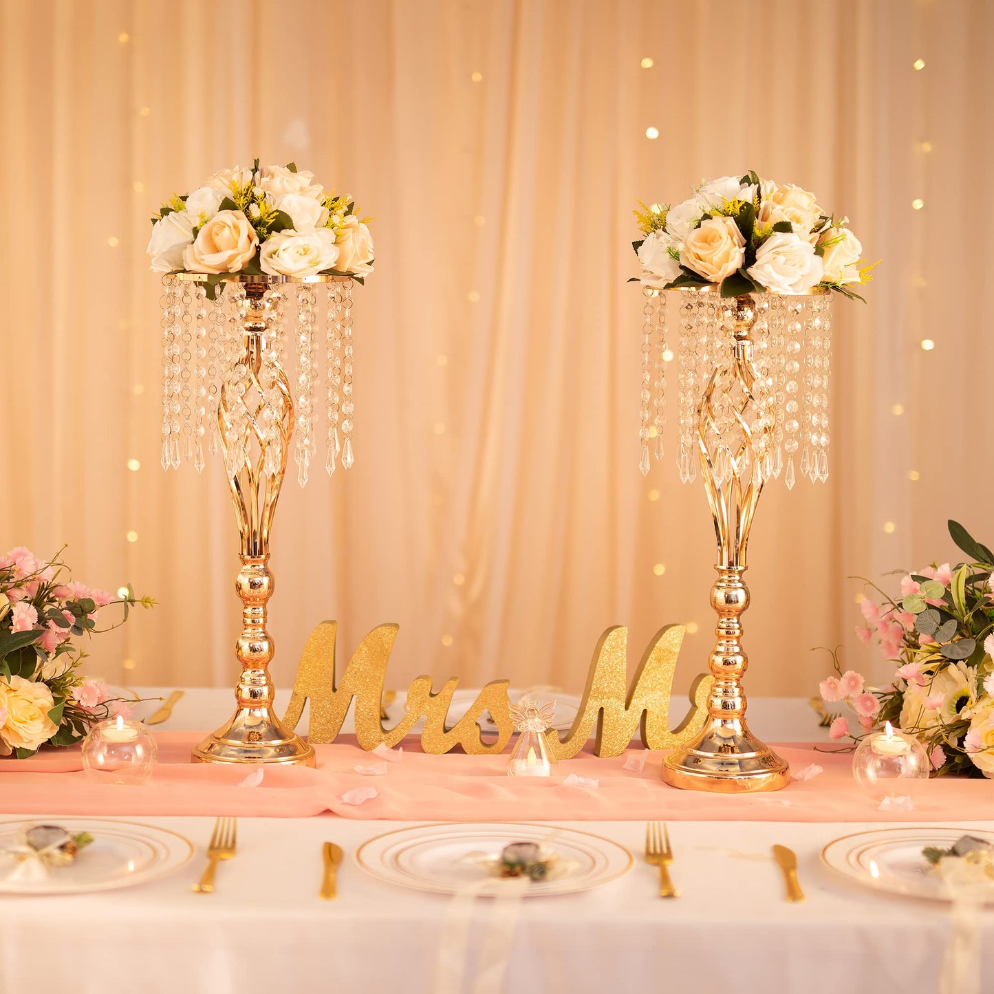 Inweder Gold Vases Centerpieces for Table: 21.7" Tall Flower Stand with Crystal Patent for Wedding Center Piece Party Event Set of 2