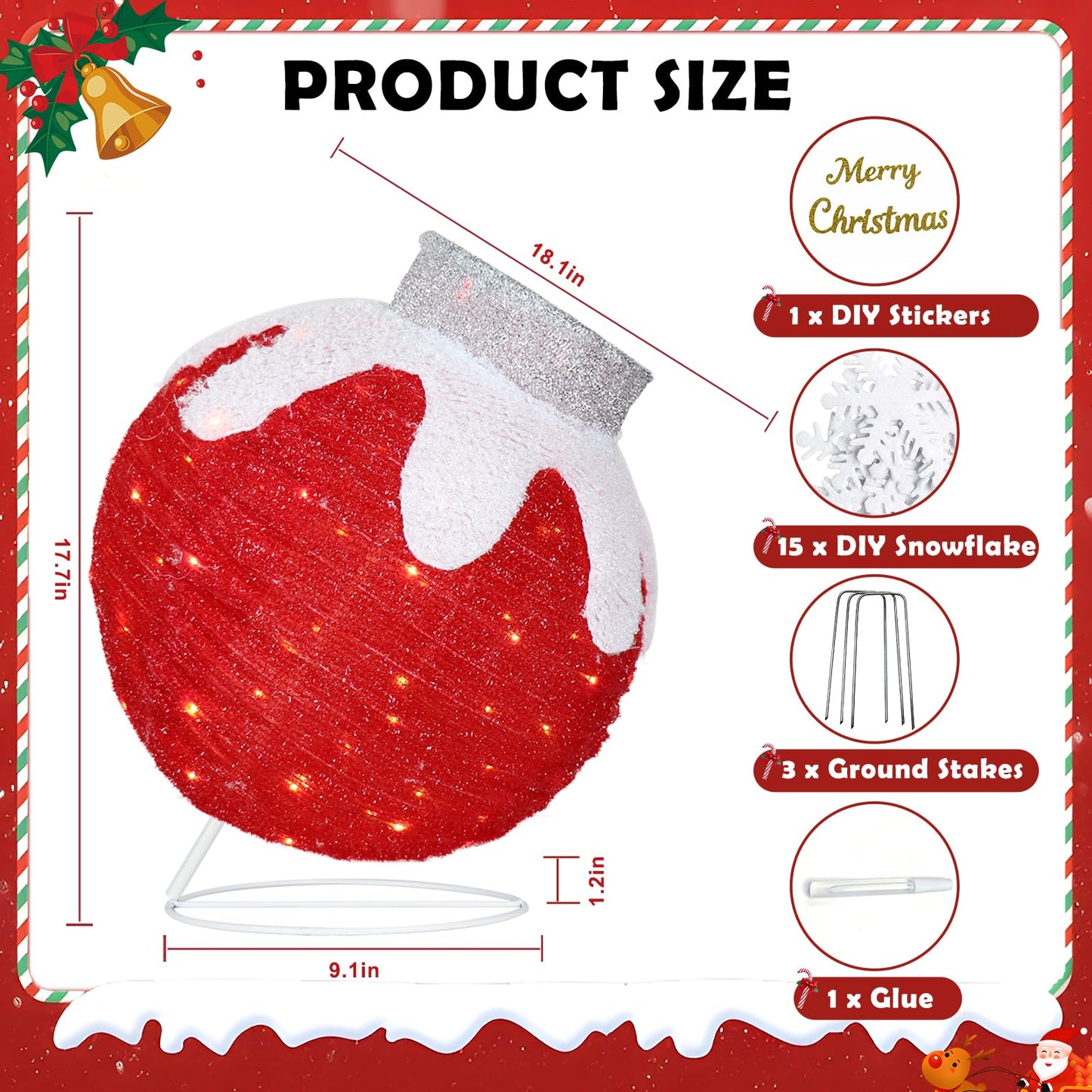 Outdoor Christmas Ball Ornaments, Collapsible Pop-Up Lighted Christmas Decorations with 80 Bright LED Lights, 8 Light Modes, Weatherproof Pre Lit Large Holiday Ball Decor for Yard, Lawn, Home（Red）