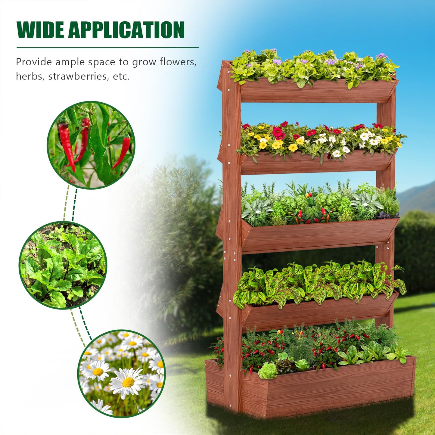 UrGROWA Wooden Vertical Raised Garden Bed, 5 Tier Garden Planters Raised Beds Freestanding Plant Stand Flower Rack Wooden Planter Box for Plants Herbs Flowers Vegetables Outdoor Indoor Gardening
