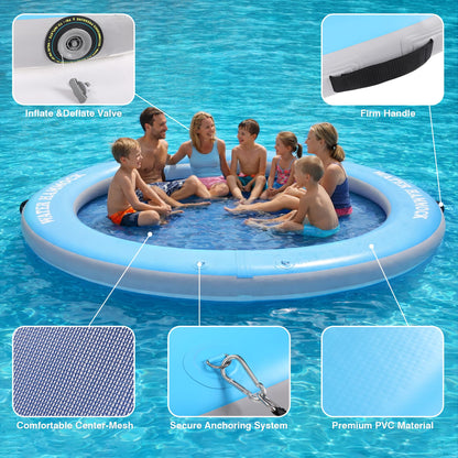 Round Floating Ring Inflatable Water Hammock 8FT & Floating Dock – Adult Air Platform & Island Raft Mat, Sunbathing, Swim Platform, Detachable Ladder & Carry Bag