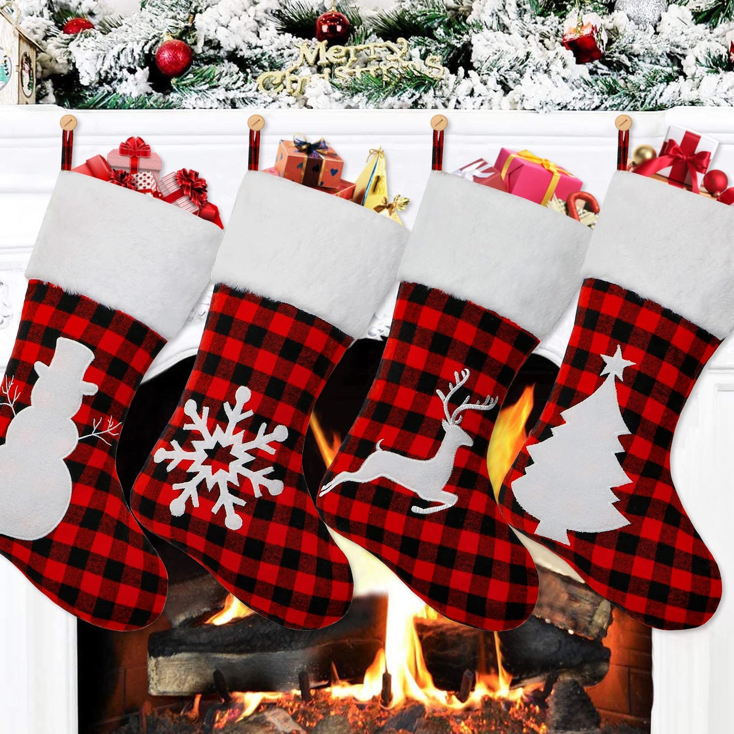 Dremisland 4 Pack Christmas Stockings 18 Inch Large Red Black Buffalo Plaid Christmas Stockings with Plush Faux Fur Cuff,Fireplace Hanging Stockings for Xmas Holiday Party Decor (Red&White)