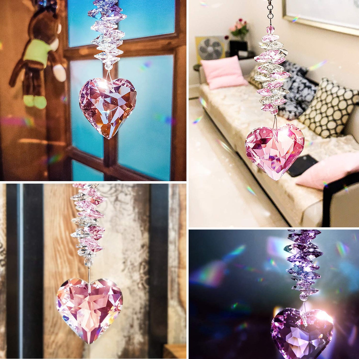 Shario 45mm Clear Glass Heart Crystal Ball Prism Pendant, Suncatcher for Windows, Outdoor Garden Hanging Décor, Gifts for Women, Mom(Pink)