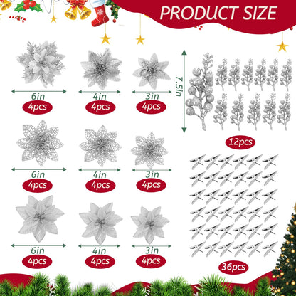 Zeyune 48 Pcs 3 Styles Christmas Glitter Poinsettia Flowers Artificial Berry Picks Artificial Christmas Flowers with Clips for Xmas Tree Wedding Wreath Holiday Party Decorations(Silver)