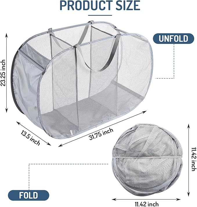 Seiritex Mesh Popup Laundry Hamper 3 Compartment Sortable Horizontal
