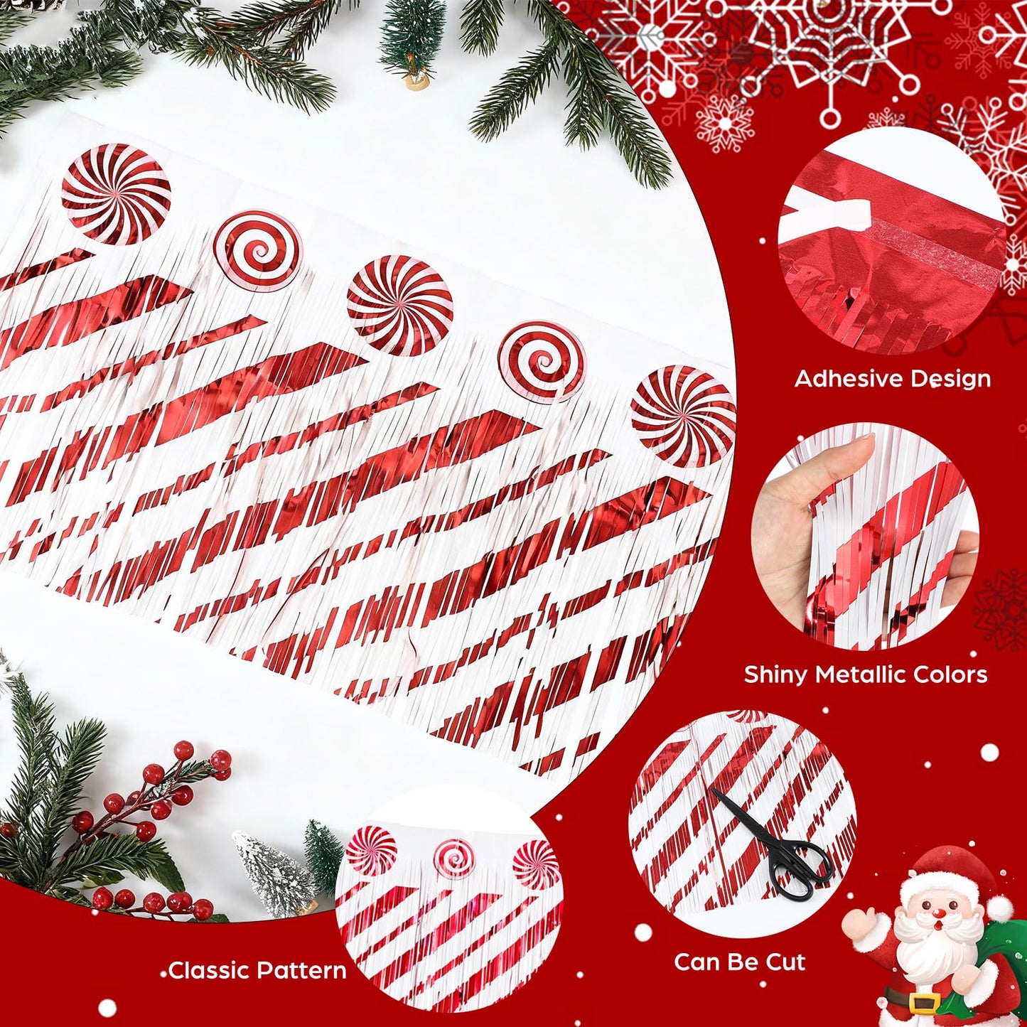 Mindsoft 4 Pack 39 ft Christmas Parade Floats Decoration Foil Fringe Candy Cane Peppermint Lollipop Metallic Tinsel Garland Table Skirts for Xmas Trailer Car Homecoming Party